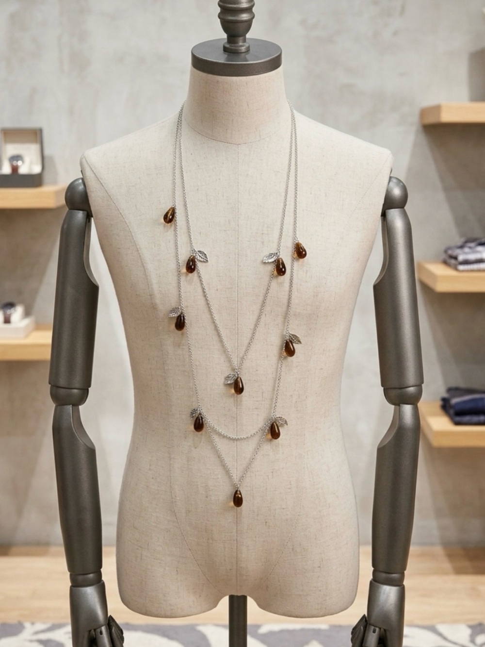 Avenue Silver Multi-Layer Necklace with Brown Teardrop Accents